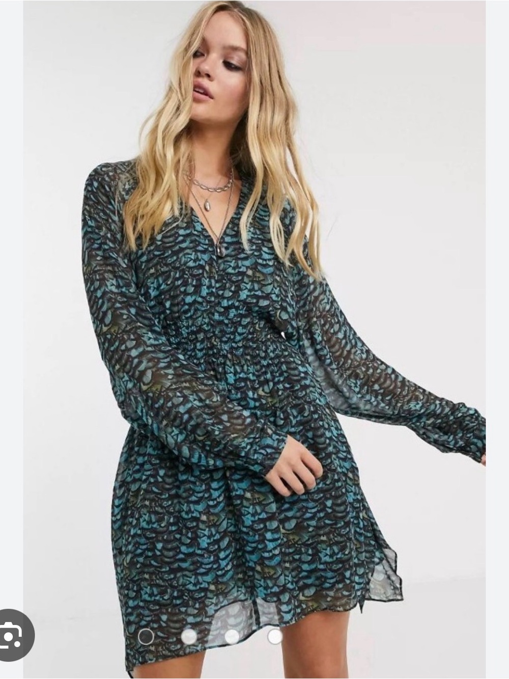All Saints Teal and Black Printed Long-Sleeve Mini Dress